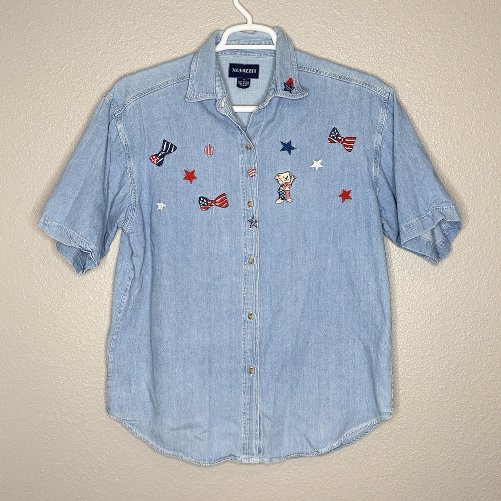 VTG Xquizzit Patriotic Denim Shirt Teddy Bear Flags Stars‎ Americana USA M
